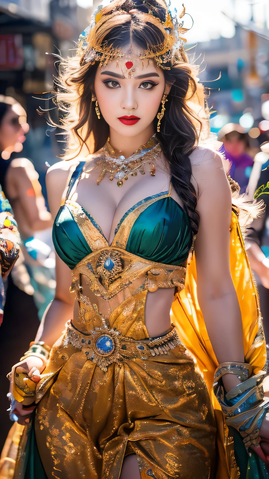 Super Detailed, 8K, Aesthetic, Fantastic, (RAW Photo, Best Quality), (Masterpiece), (Best Quality: 1.2), Absurd, Intricate Details, (Realistic, Photorealistic: 1.3), Sharp Focus, (Soft light), (environmental lighting), 1girl, beautiful and stylish woman, colorful and refreshing, cowboy shot,
Innovative fashion styles, costumes in various colors and bright patterns, the background is an inorganic intersection of a big city, extraordinary dynamic poses, dynamic movement and expressiveness, light and shadow, details of costumes, refreshing and avant-garde, Bright and colorful tones, photos that evoke visual stimulation and aesthetic sense, photos that excite and surprise the viewer, bewitching, sexy, erotic, beautiful faces, detailed faces, perfect proportions, huge breasts, thin waist, crotch Gap, sexy thighs,