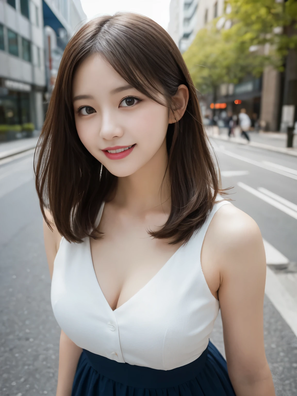 Tabletop, highest quality, figure, Super detailed, In detail, High resolution, 8k wallpaper, Perfect dynamic composition, Beautiful fine details, dress,Medium Hair,Center of chest, Natural color lip, Random sexy poses,smile,Aoyama Street Walk