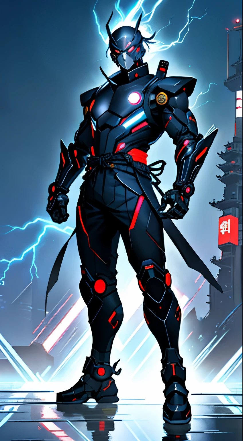 (full body), futuristic modern japan samurai in a cyber suit, character, action pose, badass, black thunder lightning color reflected, avatar image, official artwork, official art