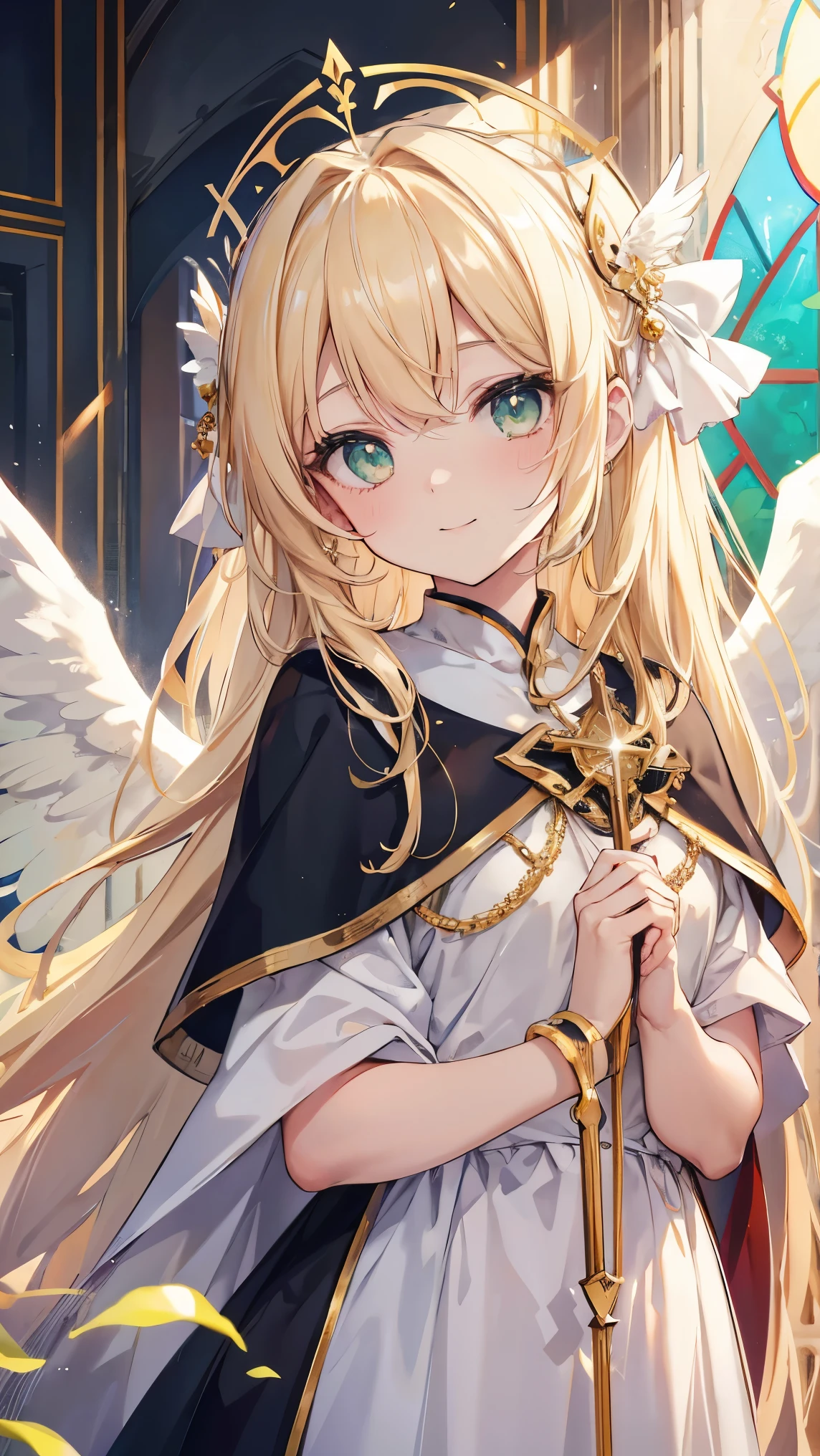 Very long hair、Blonde、Detailed sparkly eyes、Green Eyes、Three pairs of angel wings、Angel halo on head,smile、Embarrassing、shine、reflected light、Film Grain、masterpiece、Textured Skin、Super Detail、High Detail、high quality、最high quality、High Resolution、16k、shine、Monastic Clothes、Nuns、church、Stained glass,Cape