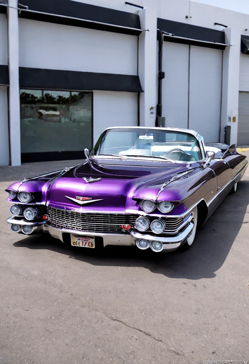 DIAGONAL and distant CAMERA, full image of A beautiful 18 year old girl driving inside a hot rod 1959 Cadillac Eldorado Biarritz convertible limousine, COR azul cromado METALICO reflexivo, METALLIC purple COLOR, Estilo Hotrod , estilo filme stalone cobra, a pintura reflete a luz do sol, reflexo do brilho da luz na pintura, tem roda cor roxa estrela, tem roda cor azul , rodas estrela esportivas grossas e ridiculously largas e viradas, RODAS DOURADAS E POLIDAS, paralama robusto e extendido para fora estilo hot rod, tem rodas douradas, ridiculously lowered front suspension, dentro de uma garagem com paredes brancas, imagem em pose diagonal, obra prima, imagem inteira