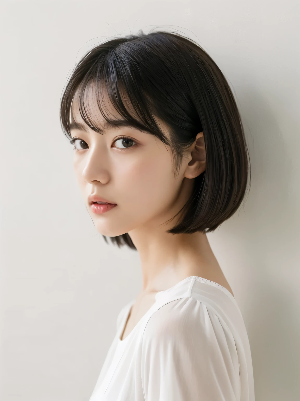 Stylish short sleeve tops、profile、Silky Hair、30-year-old woman(背景にWhite wall、A little short hair、Straight Hair:1.4)、White wall、In front of the white door、(窓のあるWhite wallの部屋)、((highest quality、8k、masterpiece:1.3))、Ultra-high resolution、(photoGenuineistic:1.4)、RAW Photos、Japanese,(detailed aspects)、Genuine、Photographed in natural light、Highly detailed face and skin texture、Highly detailed lips、The correct state of the human body、Medium Hair、Black Hair、Mr.々A pose、Natural color lip、Shiny Hair、Don&#39;Don&#39;t look at the camera