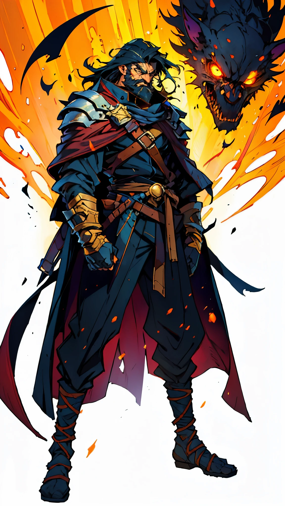 ((A middle-aged man with long black hair, thick eyebrows, hollow eyes, a long face, a square beard, a serious expression)), a black full-body outfit with a fantasy martial arts style, ultra-long wide sleeves, crossed belts around his waist, a large dark purple cloak flutters in the wind behind him, stands on a desolate hill under the moonlight, this character embodies a finely crafted fantasy martial arts practitioner in anime style, exquisite and mature manga art style, dramatic, high definition, best quality, highres, ultra-detailed, ultra-fine painting, extremely delicate, professional, perfect body proportions, golden ratio, anatomically correct, symmetrical face, extremely detailed eyes and face, high quality eyes, creativity, RAW photo, UHD, 32k, Natural light, cinematic lighting, masterpiece-anatomy-perfect, masterpiece:1.5