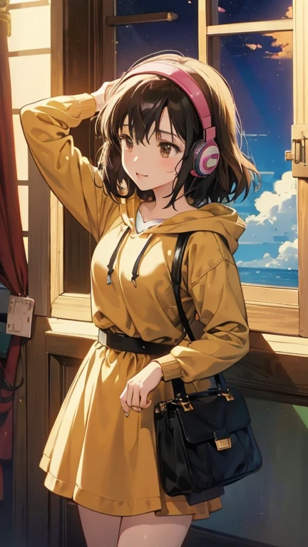anime girl wearing headphones, praise girl, Animated film stills, Cartoon movie stills, Animated film stills, praise artstyle, Ghibli anime style style, praise colors, Anime movie screenshots, praise art, Ghibli anime style, praise, Stills from an animated movie, style of satoshi kon, Hair is black, Smartphone in hand, Brown eyes, Dress code: hoodie, Hold the smartphone in your left hand