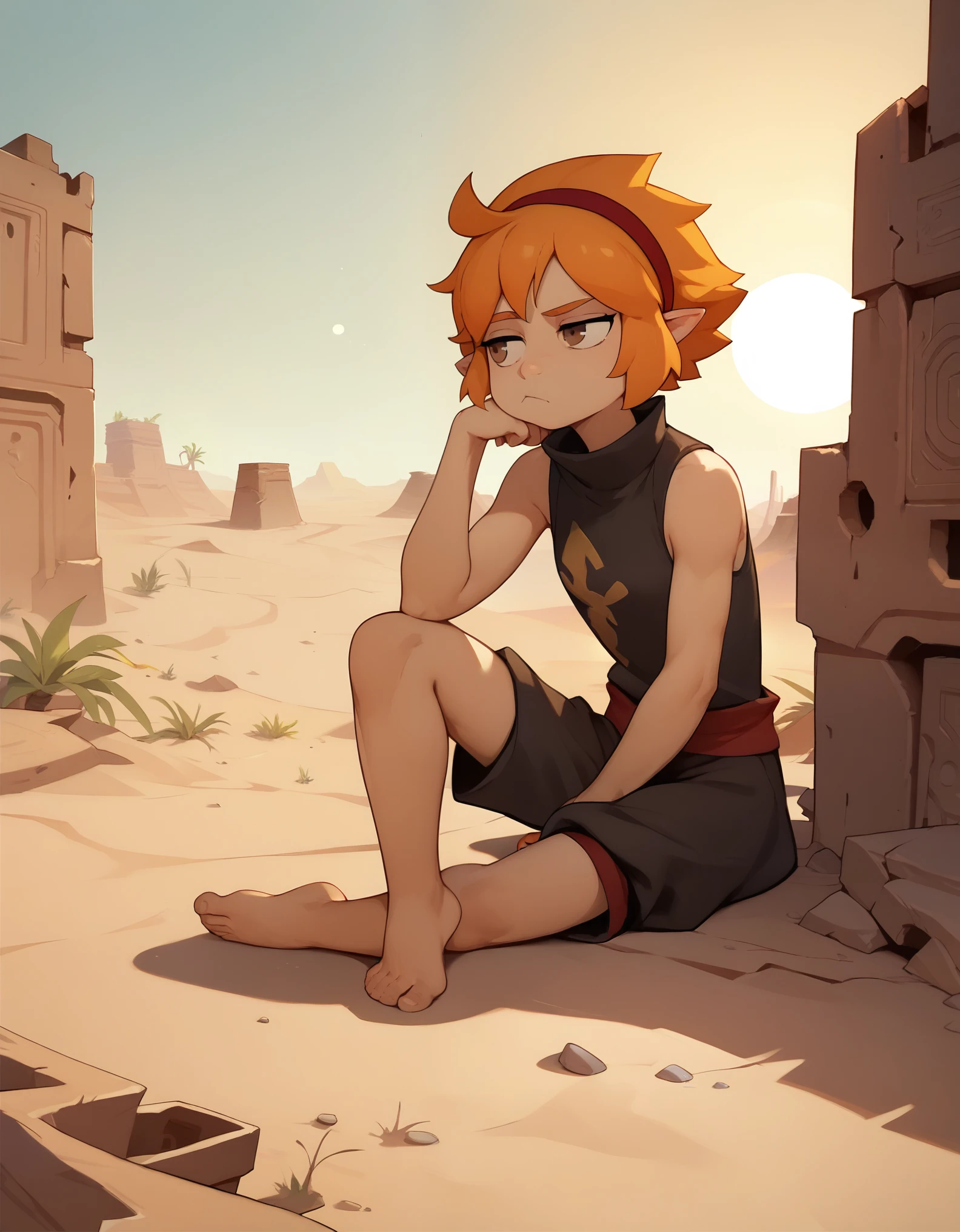 score_9, score_8_up, score_7_up,((best quality)), absurdres,((full body)),ElelyPXL,barefoot, orange hair, brown eyes,pointy ears,red hairband,sleeveless,baggy clothing,black clothes,slim,bored, desert,ruins,sun