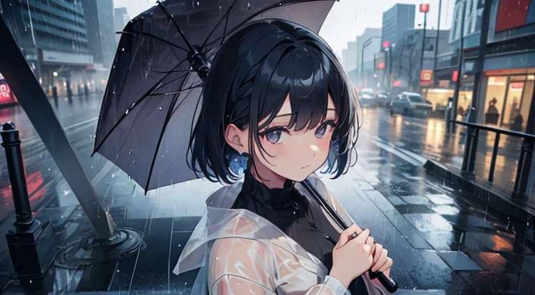 Angle looking down from above,Girl with a big umbrella on a rainy day,Woman facing the front with her whole body,Delicate Makeup,closes mouth,Black eyes,Half-up hair with short bangs,Hair color is a light beige gradient,She is clutching a large plastic umbrella in a rain-soaked crystal clear blue,Reflecting the rain-soaked cityscape,