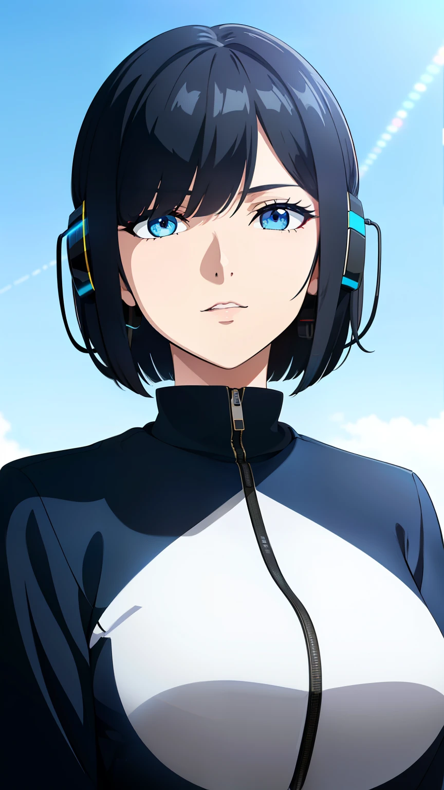 (best quality:1.5, highres, UHD, 4K, detailed lighting, shaders), black hair, bob cut, hair covering one eye, cool woman, cool girl, sharp eyes, blue eyes, beautiful, simple background, casual clothes, (pov, close shot), with headphones