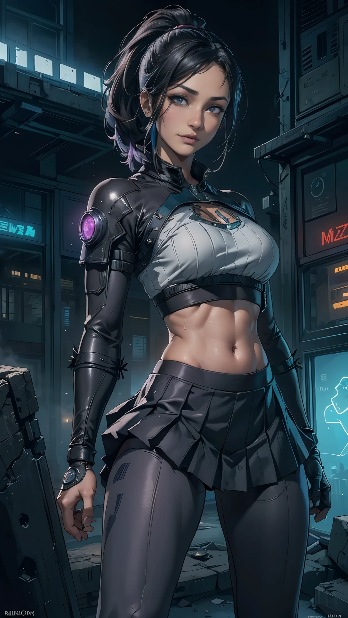 very young slim fit girl, (rounded face:1.2), shy smile, parororo, eyelashes, accurate snub nose, high detailed background, masterpiece, high detailed face, high detailed finger, (glasses:1.3), (dark blue hair:1.4), (huge ahoge:1.3), (perfect yellow eyes:1.2), (disheveled lush hair:1.2), (disheveled bob cut:1.3), (skinny body:1.3), slim waist and hips, long fit slender legs, accurate medium breast, (realistic style), tomboys, european girls, gloomy girl, (full body), (back poses), shaved hair on the side, razor scratch, random colored hair, perfect hands with 4 fingers and a thumb, buttocks that are full and rounded medially and on the side, (Protruding nipples and areolas), navel piercing, narrow waist, little tanned skin, ultra detailed skin with pores sights, bionic, leggings, see through the fabric, ((Cyber Punk library background)), (outdoors: 1.2), neon, fog, neon rays, (Canon EOS R6), photorealism art, Ray Tracing, 8k resolution, surrealism, shadow, stereogram, Lens Flare light, (Hyper realistic light and shadow: 1.2)