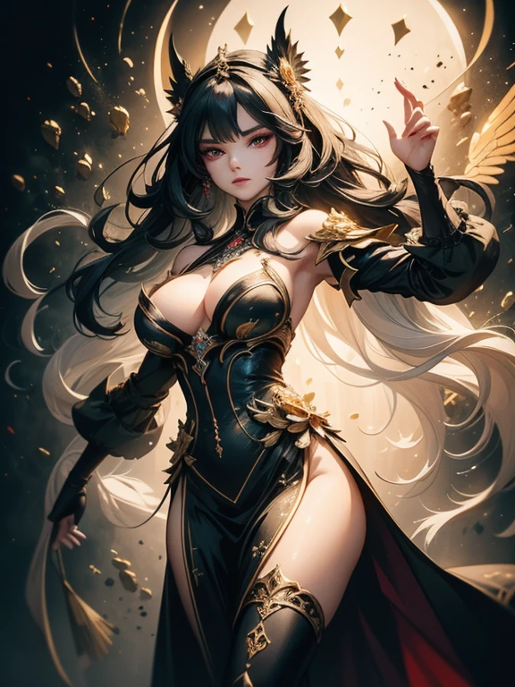 A breathtaking artwork of a female character of unimaginable beauty, set in a dark and opulent environment. The full-body view reveals an impressive figure, exuding an aura of power and mystery. She wears black and gold clothes, radiating a luxurious darkness. Her armor is detailed and characteristic, with intricate golden designs that shimmer in the dim light. Ornate shoulder pads protect her shoulders, and the armor perfectly molds to her body, accentuating her formidable presence.

Her long black hair flows like a river of darkness, contrasting with her mesmerizing scarlet eyes. Her beauty is almost supernatural, a perfect blend of grace and menace. She wields a cursed blade that seems to pulse with malevolent energy, enhancing her aura of danger.

The setting around her is a gothic and luxurious environment, with dark arches and stained glass windows that filter a supernatural light. In the background, candles flicker, casting dancing shadows on the intricately carved stone walls. It is a place that blends elegance and terror, perfectly reflecting the essence of the character.
