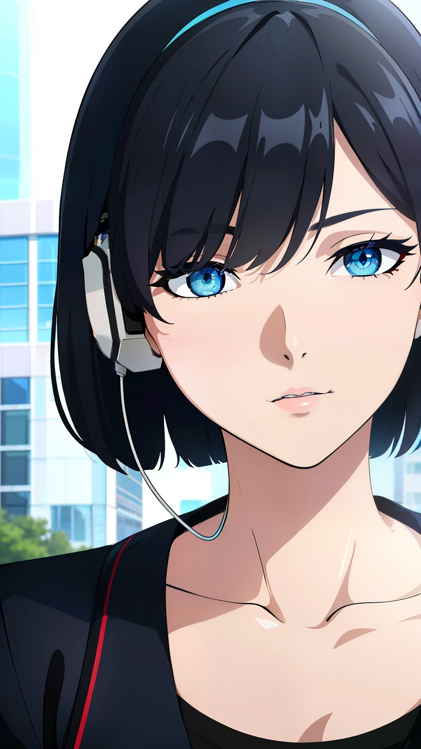 (best quality:1.5, highres, UHD, 4K, detailed lighting, shaders), black hair, bob cut, hair covering one eye, cool woman, cool girl, sharp eyes, blue eyes, beautiful, outdoor background, casual clothes, (pov, close shot), with headphones