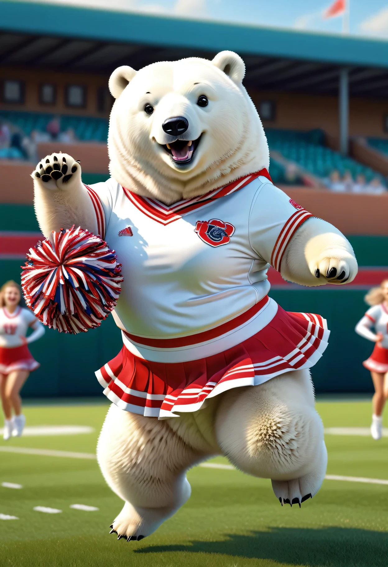 photorealistic portrait of Dressed animals - a ((fat)) cute polar bear cheerleader ,(action pose:1.5),(jumping:1.2),(happy smile),(furry), high quality,(lovely) ,intricate detailed decorations, highly detailed (cheerleader wear), skirt and sneakers, holding pom-poms, grass sports field background , (happy), perfect lighting,(full body image:2.0)