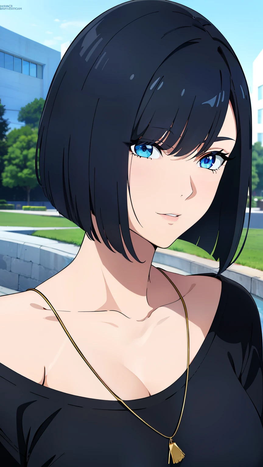 (best quality:1.5, highres, UHD, 4K, detailed lighting, shaders), black hair, bob cut, hair covering one eye, cool woman, cool girl, sharp eyes, blue eyes, beautiful, outdoor background, casual clothes, (pov, close shot)