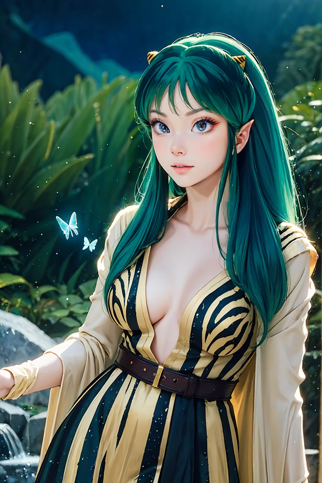 lum, long hair, floating hair, breasts, blue eyes, green hair, horns, makeup, animal print, eyeshadow, Masterpiece, incredible details, epic realistic, ultra clarity, (intricate details:1.12), (HDR:1.4), octane render, 3d render, cgi, dramatic, bokeh, (dark shot:1.22), soft cinematic light, Fast-flowing waterfalls, mountains, rivers, fireflies, flowers, glowing butterflies, crystals, Lum, floating hair, belt, glove, hand guard, wizard hat, intricate wizard robe, (natural skin texture, hyperrealism, soft light, sharp:1.2)