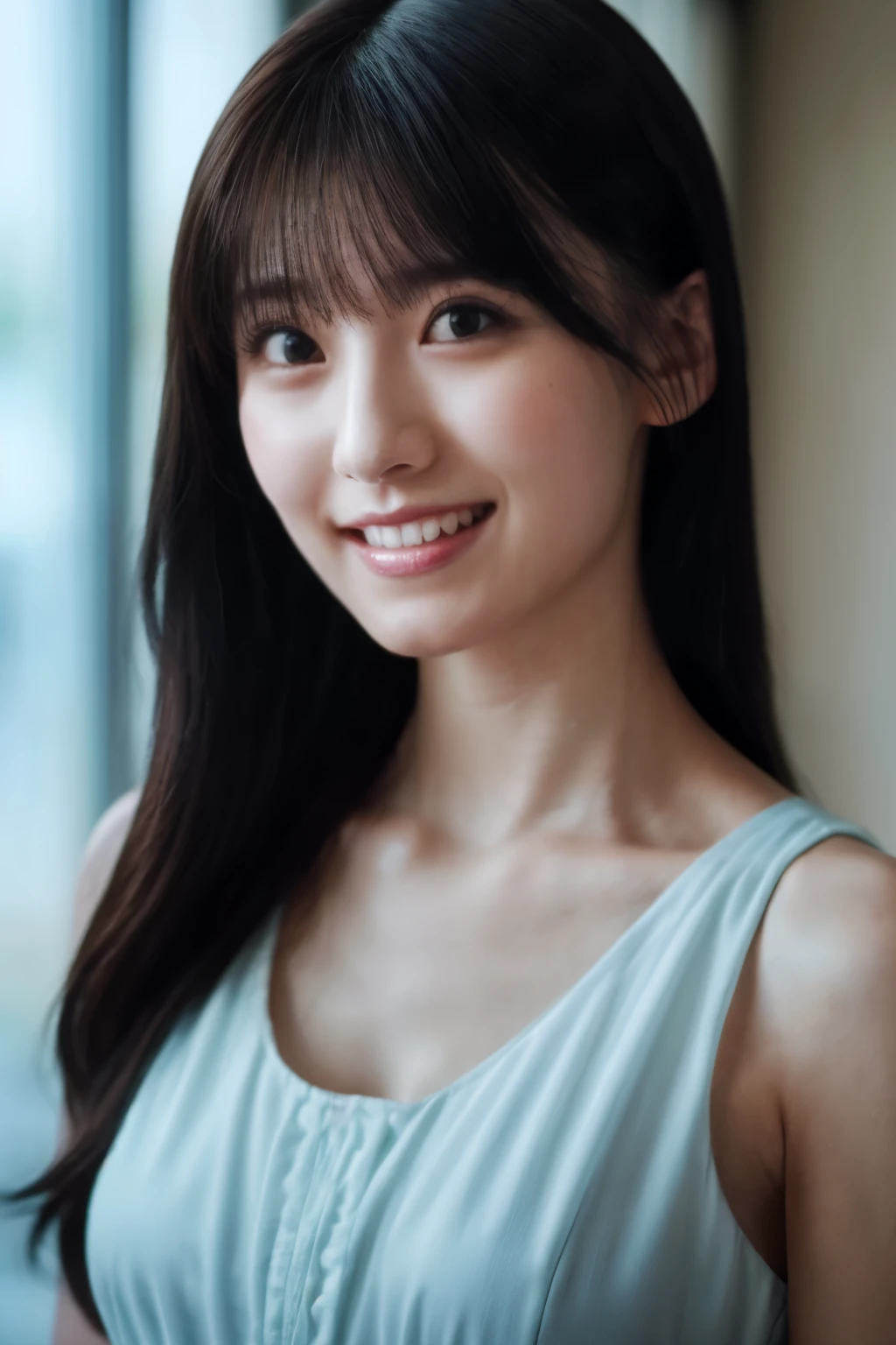 solo, 1girl, (wearing a Sakurazaka46 costume), very beautiful Japanese idol portrait, celebrity portrait, frontal photography, 
(realistic, photo-realistic:1.4), (masterpiece, highest quality:1.2), (RAW photo, high resolution),
intricate details, extremely detailed, finely detailed, insanely detailed, highly detailed CG unity 8K wallpaper, delicate, beautiful, wonderful, cinematic lighting, soft light, 
finely beautiful girl, beautiful symmetrical eyes , detailed eyes, detailed face, beautiful and sophisticated nose,
perfect anatomy, slender body, collarbone, breasts, 
(medium hair,bangs), cheerful grin,
(simple light color background:1.3),,,[Rika Ishimori]