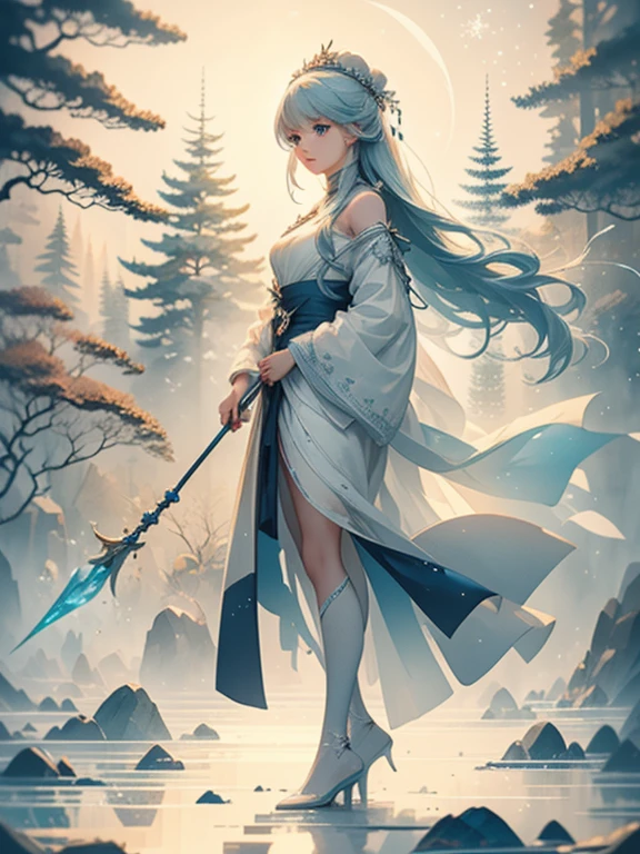 An icy and pristine artwork of a serene female character in a cold, wintry landscape. The full-body view reveals her dressed in blue and white clothes that mirror the icy surroundings. Her medium-length blue hair and light blue eyes radiate a cool, calming beauty. She holds an ice staff, embodying the essence of winter's purity.
The setting is a snowy forest with frost-covered trees and a frozen lake that glistens in the pale light. Snowflakes gently fall from the sky, and the air is crisp and clear, creating a serene and pristine atmosphere that enhances the character's icy elegance.