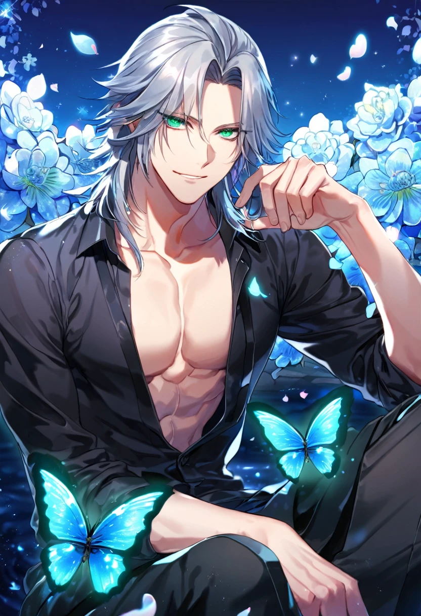 Ultra detailed, HDR, Highres, absurdres, master piece, Gokudera Hayato, gray hair, without bangs, expressive green eyes, black shirt, Katekyo Hitman Reborn!, glittering blue butterflies, petals, blue flowers, handsome, sexy man, toned chest, extremely detailed face and eyes, glittering, blue background, perfect face, best quality, blue water, magical, fantasy, sitting,