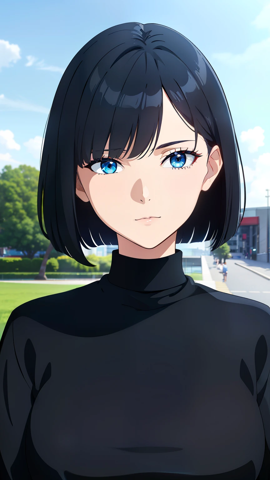 (best quality:1.5, highres, UHD, 4K, detailed lighting, shaders), black hair, bob cut, hair covering one eye, cool woman, cool girl, sharp eyes, blue eyes, beautiful, outdoor background, casual clothes, (pov, close shot)
