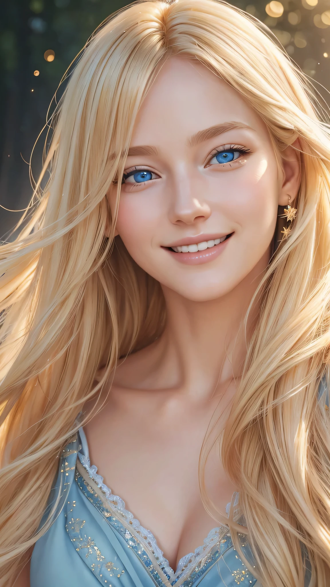 Blonde woman's face, radiant smile, sparkling blue eyes, flowing golden hair, delicate features, joyful expression, natural beauty, close-up portrait, high-resolution digital painting, soft pastel color palette, warm and inviting lighting, ethereal and dreamy atmosphere.