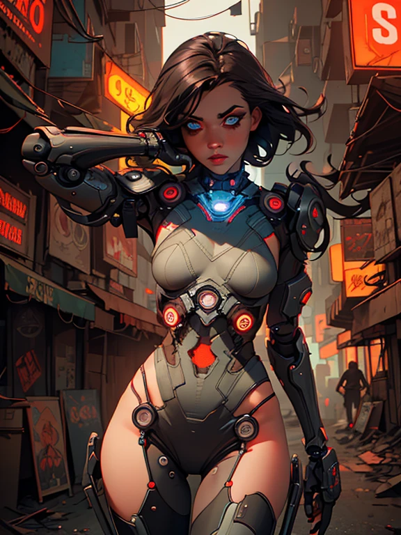 a woman in a post-apocalyptic wasteland, girl in a futuristic cyberpunk city, beautiful detailed eyes, beautiful detailed lips, extremely detailed eyes and face, long eyelashes, intricate futuristic cyberpunk outfit, mechanical cybernetic prosthetic limbs, neon glowing lights, dynamic cinematic lighting, moody color grading, dark and gritty atmosphere, highly detailed, 8k, photorealistic