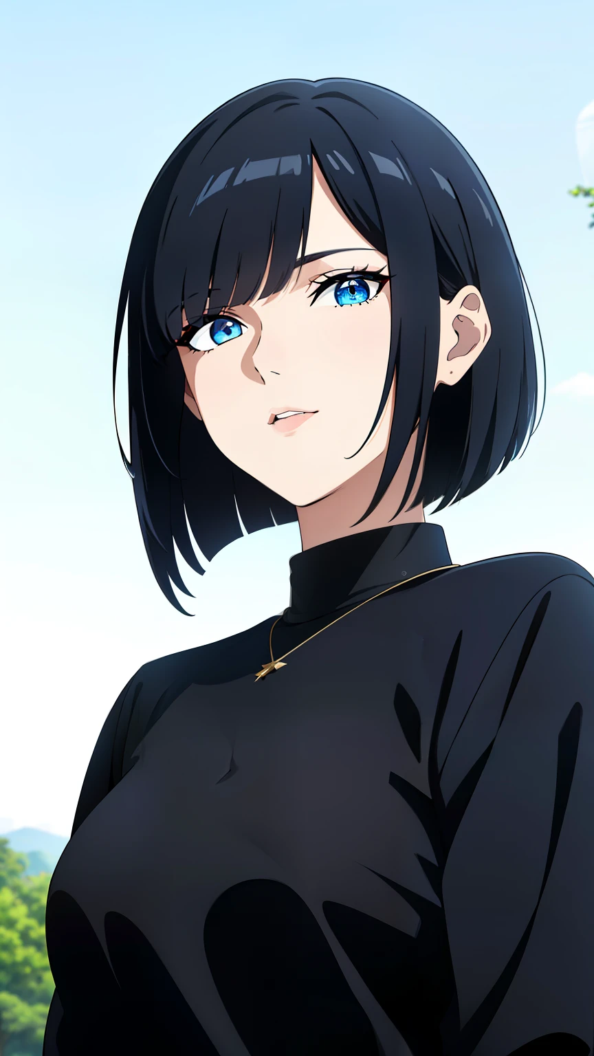 (best quality:1.5, highres, UHD, 4K, detailed lighting, shaders), black hair, bob cut, hair covering one eye, cool woman, cool girl, sharp eyes, blue eyes, beautiful, outdoor background, casual clothes, (pov, close shot)