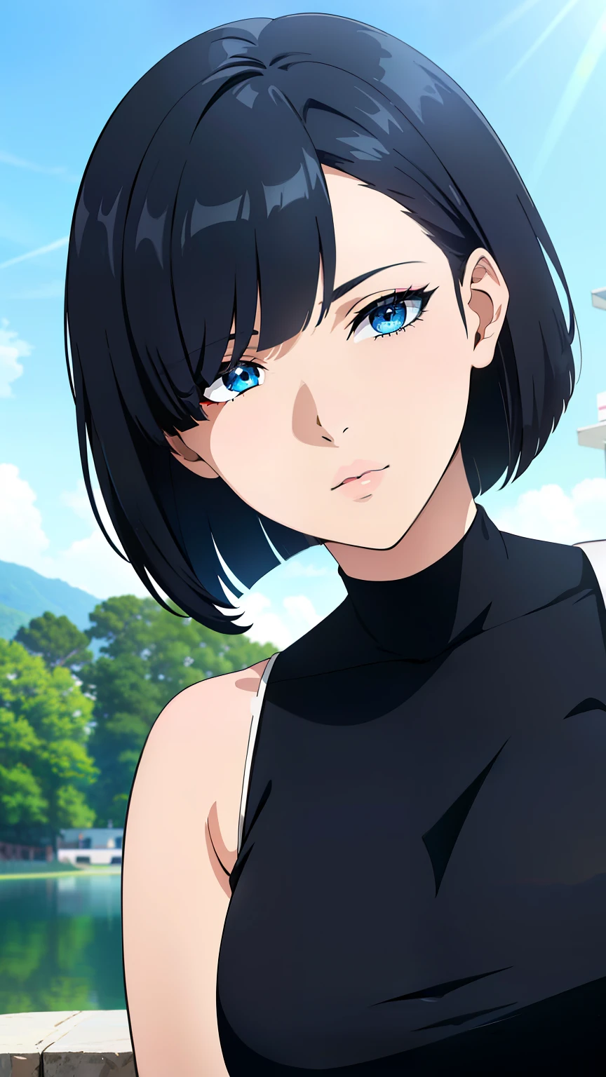 (best quality:1.5, highres, UHD, 4K, detailed lighting, shaders), black hair, bob cut, hair covering one eye, cool woman, cool girl, sharp eyes, blue eyes, beautiful, outdoor background, casual clothes, (pov, close shot)