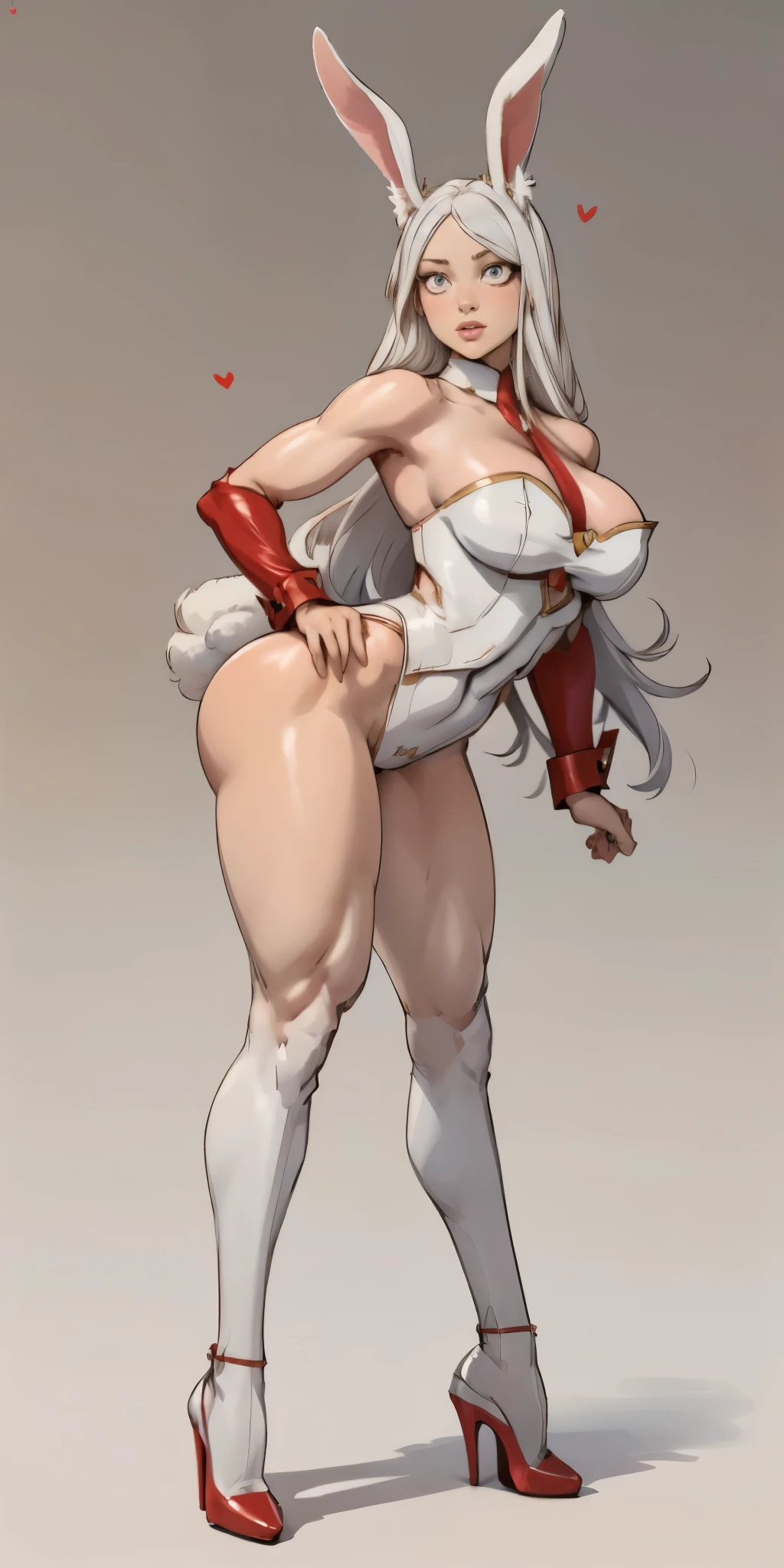 (Masterpiece, plain background:1.2) 1sologirl standing straightforward symmetrical wearing only red high heels 👠 silver white hair 😍 👌 😀 ✨️ ♥️ ❤️pupils eyes symbol, long red fluffy bunny ears