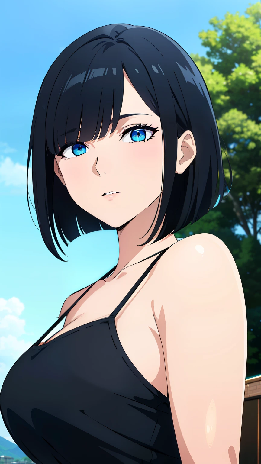 (best quality:1.5, highres, UHD, 4K, detailed lighting, shaders), black hair, bob cut, hair covering one eye, cool woman, cool girl, sharp eyes, blue eyes, beautiful, beach background, casual clothes, large breasts