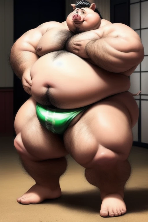 ((Masterpiece)),((Hight quality)),((Hught Detailed)),((Realistic,)) Anime Artistic masterpiece art, Obese muscle kid pig (massive obese, strong legs and arms, hairy, incredibly big looking) Long shot photo, Real life, kid pig (Massive, broad shoulders, strong legs and arms, hairy) Obese muscle citizen (massive obese, strong legs and arms, hairy, incredibly big looking), Anatomy of character, Tensei Shitara slime Datta Ken, Real life, Anime serie, Anime Furry character, full body picture, He is a obese Pig , He is a huge sumo wrestling, who is now a obese poor wanderer who spreads knowledge wherever he goes, Anime Style