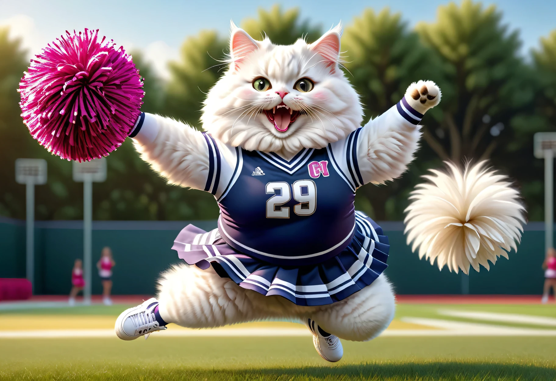 photorealistic portrait of Dressed animals - a ((fat)) angora cat cheerleader, cute cheerleader ((girl)) , ((cat and girl)) ,(action pose:1.5),(jumping:1.2),(happy smile),(furry), high quality,(lovely) ,intricate detailed decorations, highly detailed (cheerleader wear), skirt and sneakers, holding pom-poms, grass sports field background , (happy), perfect lighting,(full body image:2.0)