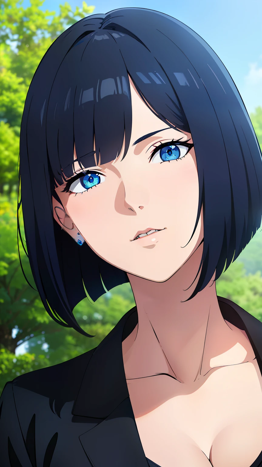 (best quality:1.5, highres, UHD, 4K, detailed lighting, shaders), black hair, bob cut, hair covering one eye, cool woman, cool girl, sharp eyes, blue eyes, beautiful, outdoor background, casual clothes, (pov, close shot)