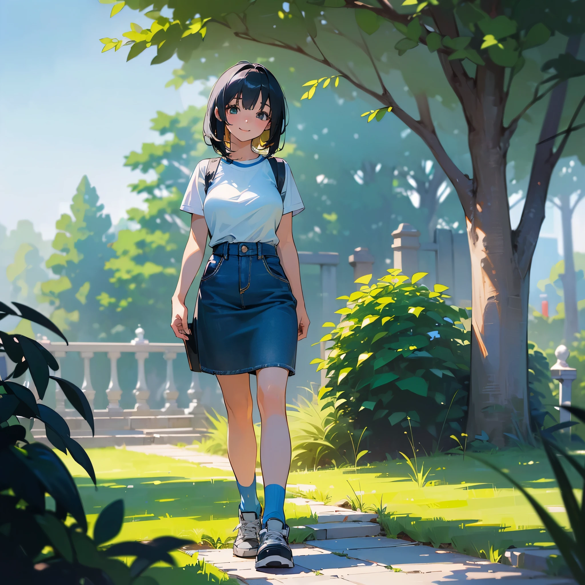 (high quality, High resolution, Very detailed, reality:1.37), Peaceful atmosphere, (Outdoor, garden), age girl standing alone, (my breasts are big.), Beautiful details, Cute Smile, (Black bob hair), Short sleeve shirt, Denim skirt, Blue socks, sneakers.