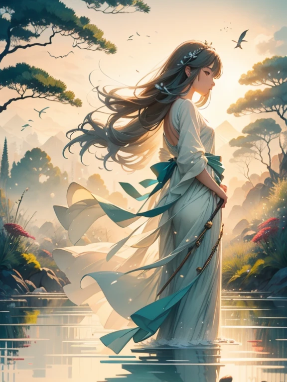 A serene artwork of a calming female character in a peaceful, natural setting. The full-body view presents her in flowing white and blue clothes that evoke a sense of tranquility and peace. Her brown hair and green eyes are soothing to behold. She carries a healing staff, symbolizing her gentle and nurturing nature. The setting is a lush meadow under a clear blue sky, with a gentle breeze rustling the tall grass and wildflowers. A calm, sparkling lake reflects the purity of the scene, and birds sing softly in the background, enhancing the serene and calming atmosphere.