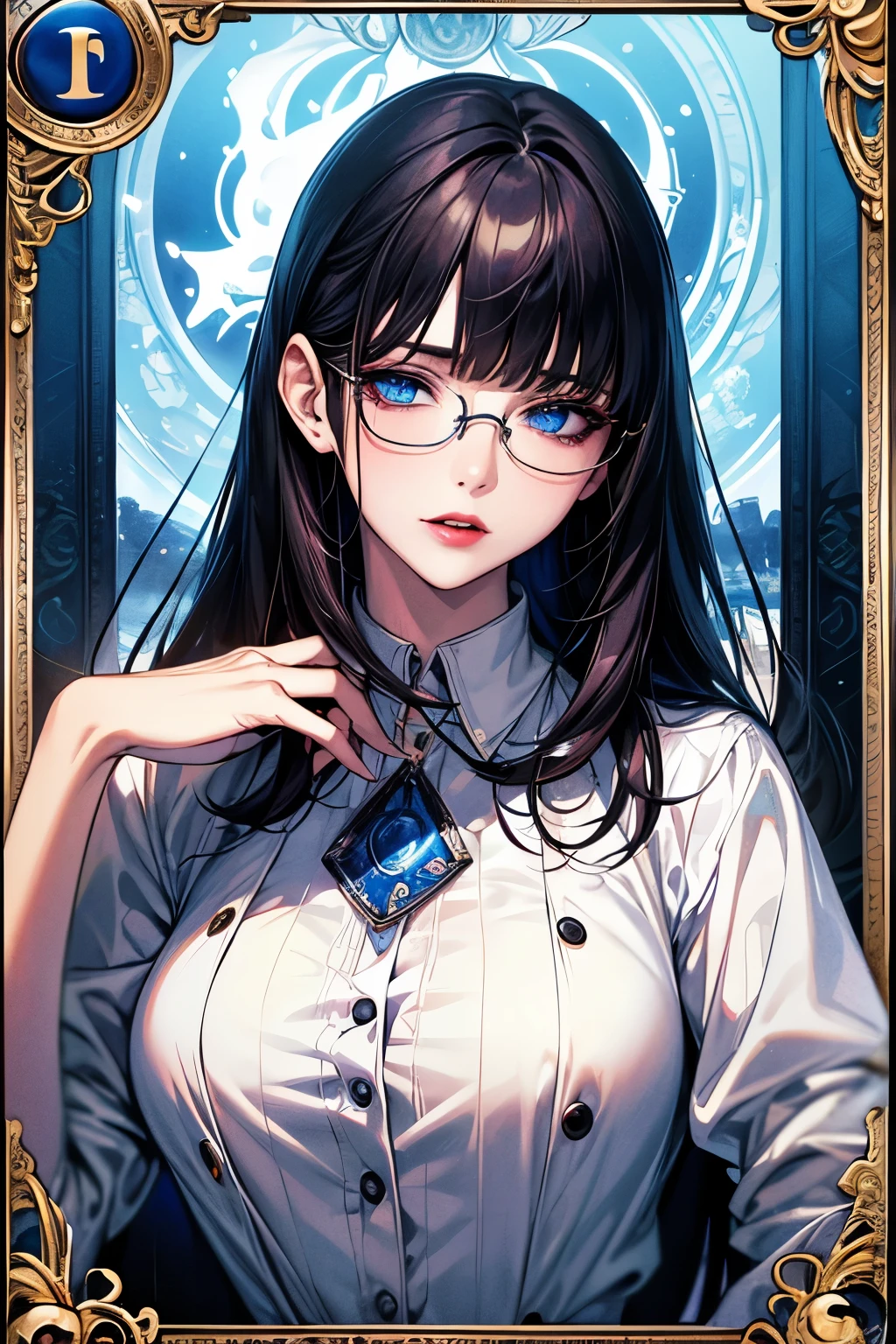 face focus, portrait, best quality, super fine, 16k, incredibly absurdres, extremely detailed, delicate and dynamic, cool and beautiful pretty woman, white shirt with a few buttons undone, captivating look, aroused expression, blue eyes, glasses, red lips, black straight hair, blunt bangs, tarot card-like picture frame made of ice sculpture
