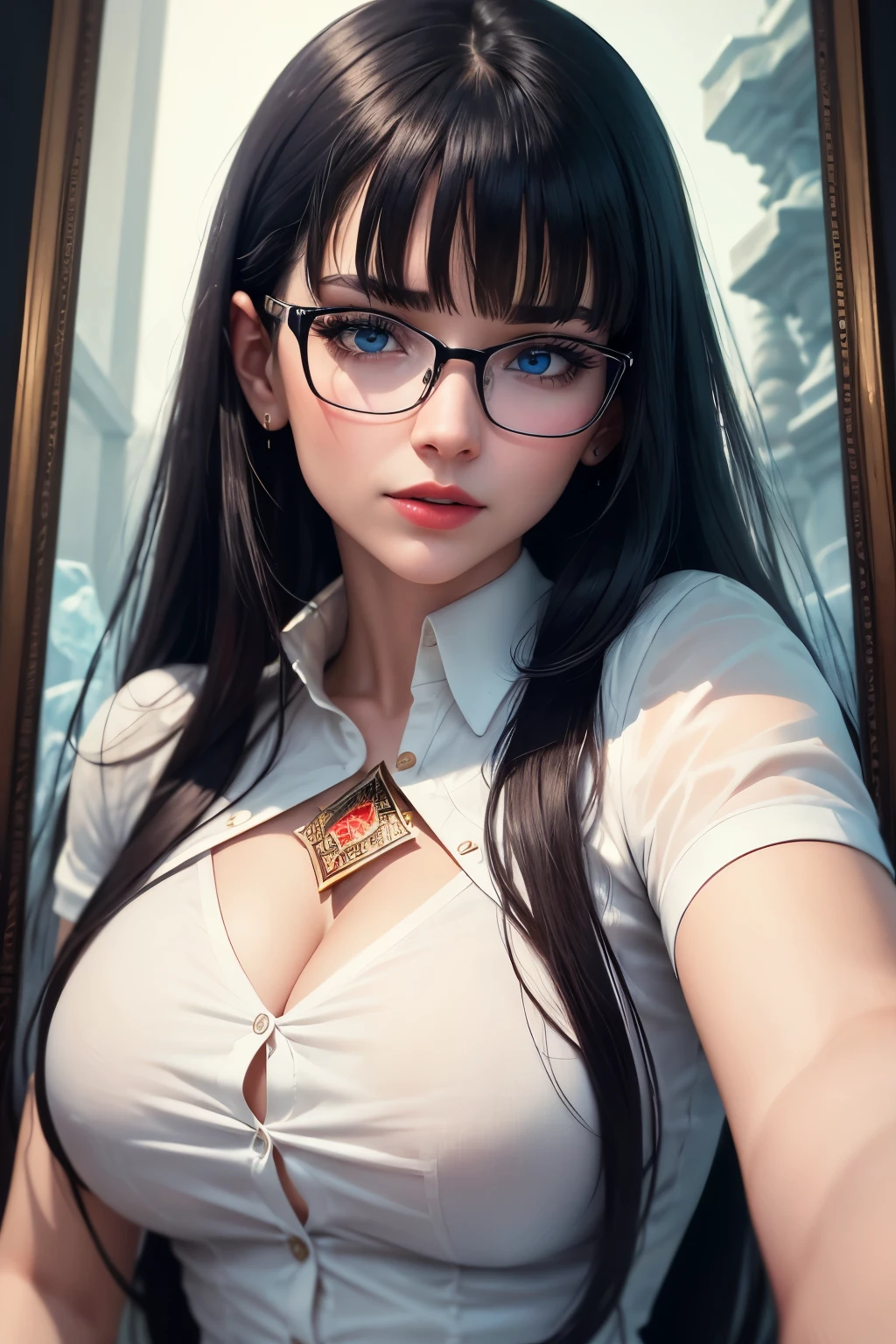 face focus, portrait, best quality, super fine, 16k, incredibly absurdres, extremely detailed, delicate and dynamic, cool and beautiful pretty woman, white shirt with a few buttons undone, captivating look, aroused expression, blue eyes, glasses, red lips, black straight hair, blunt bangs, tarot card-like picture frame made of ice sculpture