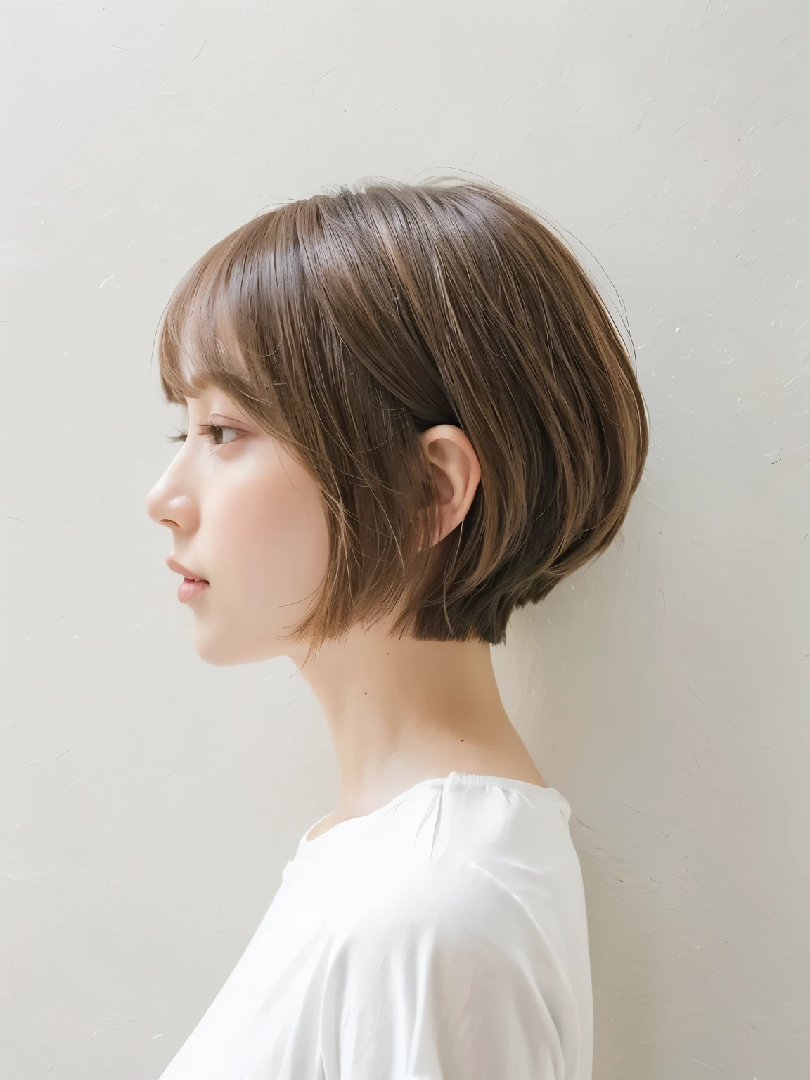 Stylish short sleeve tops、profile、Silky Hair、30-year-old woman(背景にWhite wall、A little short hair、Straight Hair:1.4)、White wall、In front of the white door、Don&#39;t look at the camera、(窓のあるWhite wallの部屋)、((highest quality、8k、masterpiece:1.3))、Ultra-high resolution、(photoGenuineistic:1.4)、RAW Photos、Japanese,(detailed aspects)、Genuine、Photographed in natural light、Highly detailed face and skin texture、Highly detailed lips、The correct state of the human body、Medium Hair、Black Hair、Mr.々A pose、Natural color lip、Shiny Hair