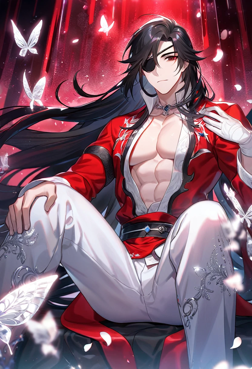 Ultra detailed, HDR, Highres, absurdres, master piece, Hua Cheng, black long hair, expressive red eye, black eye patch, Heaven Official's Blessing, glittering silver butterflies, petals, red clothes, red flowers, handsome, sexy man, toned chest, extremely detailed face and eyes, glittering, red forest, perfect face, best quality, red rain, white pants, sitting