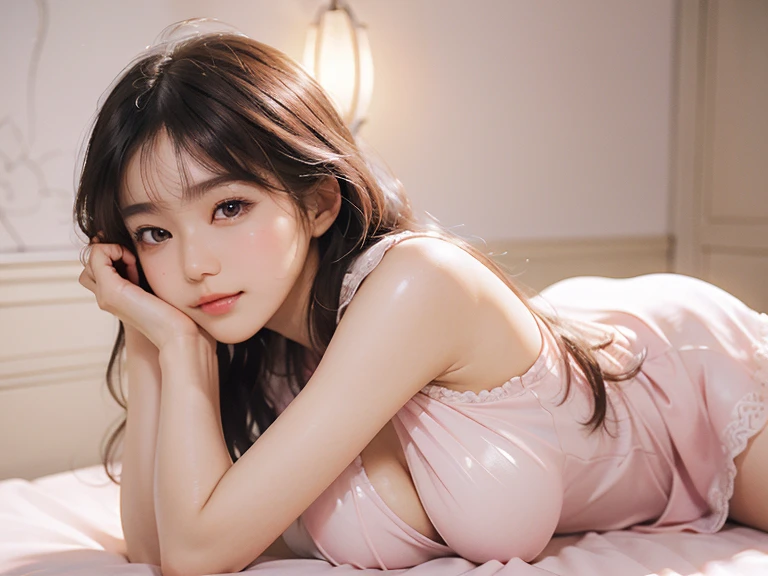 (masterpiece, Side Light),(Put your hands behind your head), Practical, skin shiny,shiny skin,face light,Shiny face, ( girl),Korean dress,Pink cheeks, (Huge breasts:1.1),Hug chest,(Tongue:1),, face light,Shiny face,skin shiny,shiny skin, (whole body),Prone position, White Dress,close up