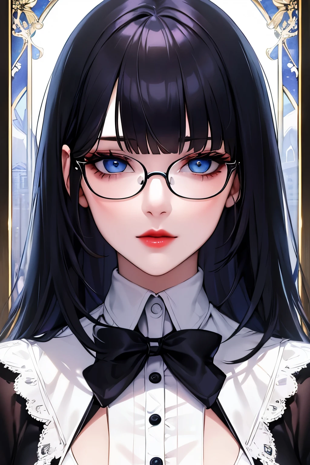 face focus, portrait, best quality, super fine, 16k, incredibly absurdres, extremely detailed, delicate and dynamic, cool and beautiful pretty woman, white shirt with a few buttons undone, captivating look, aroused expression, blue eyes, glasses, red lips, black straight hair, blunt bangs, tarot card-like picture frame made of ice sculpture