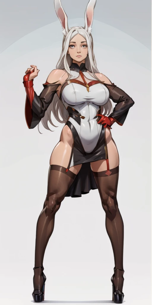 (Masterpiece, plain background:1.2) 1sologirl standing straightforward symmetrical wearing only red high heels 👠 silver white hair 😍 👌 😀 ✨️ ♥️ ❤️pupils eyes symbol, long red fluffy bunny ears, black transparent stockings and sleeves