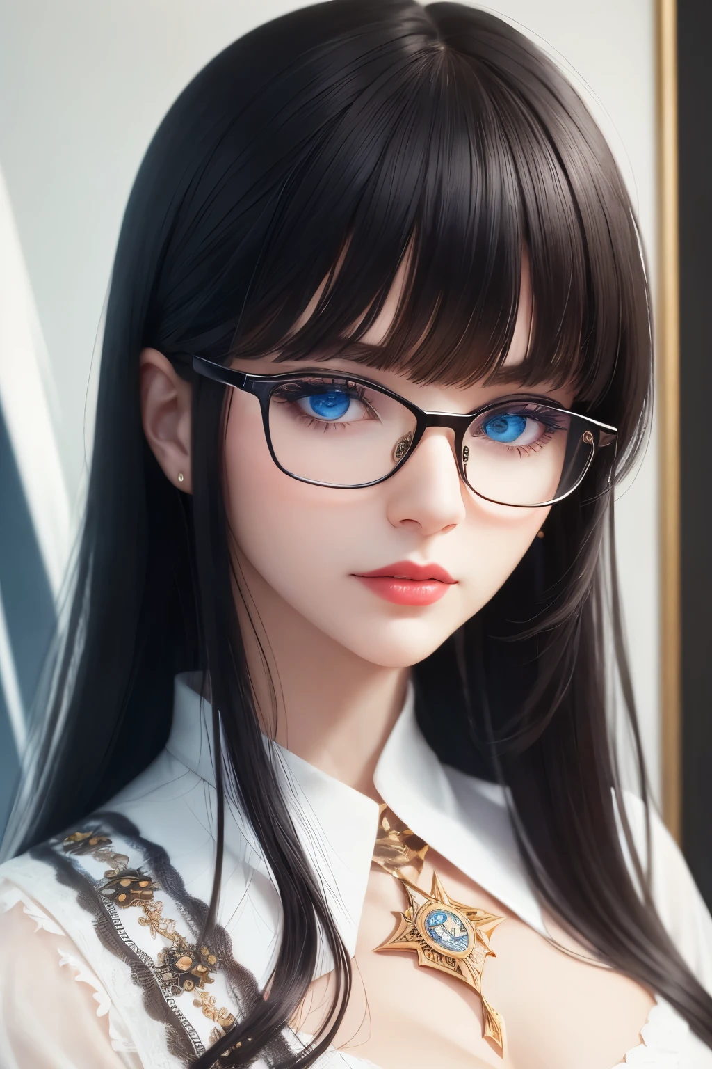 face focus, portrait, best quality, super fine, 16k, incredibly absurdres, extremely detailed, delicate and dynamic, cool and beautiful pretty woman, white shirt with a few buttons undone, captivating look, aroused expression, blue eyes, glasses, red lips, black straight hair, blunt bangs, tarot card-like picture frame made of ice sculpture