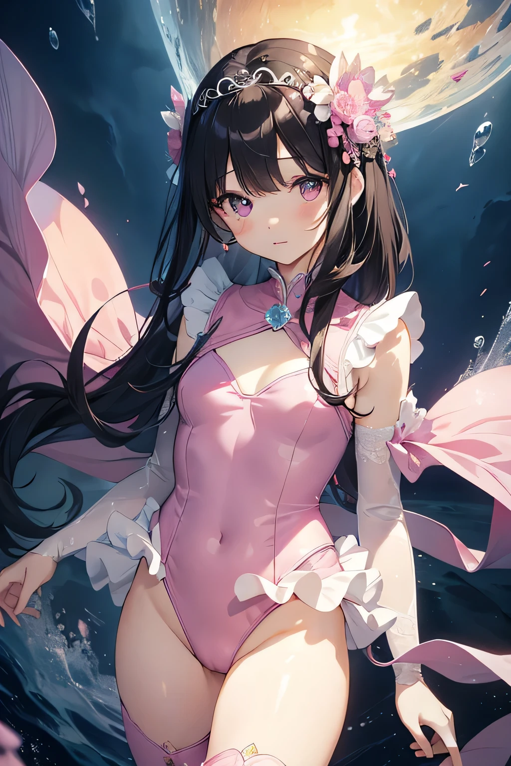highest quality、Very delicate and beautiful、Very delicate and beautiful、(Beautiful eyes)、Pink Eyes、I、I、、 、Japanese、、Chiquita、(armor)、(Black Hair)、((Pink leotard))、(High leg)、Tiara on head、Laughter、standing、Look forward、((The background is the deep sea))