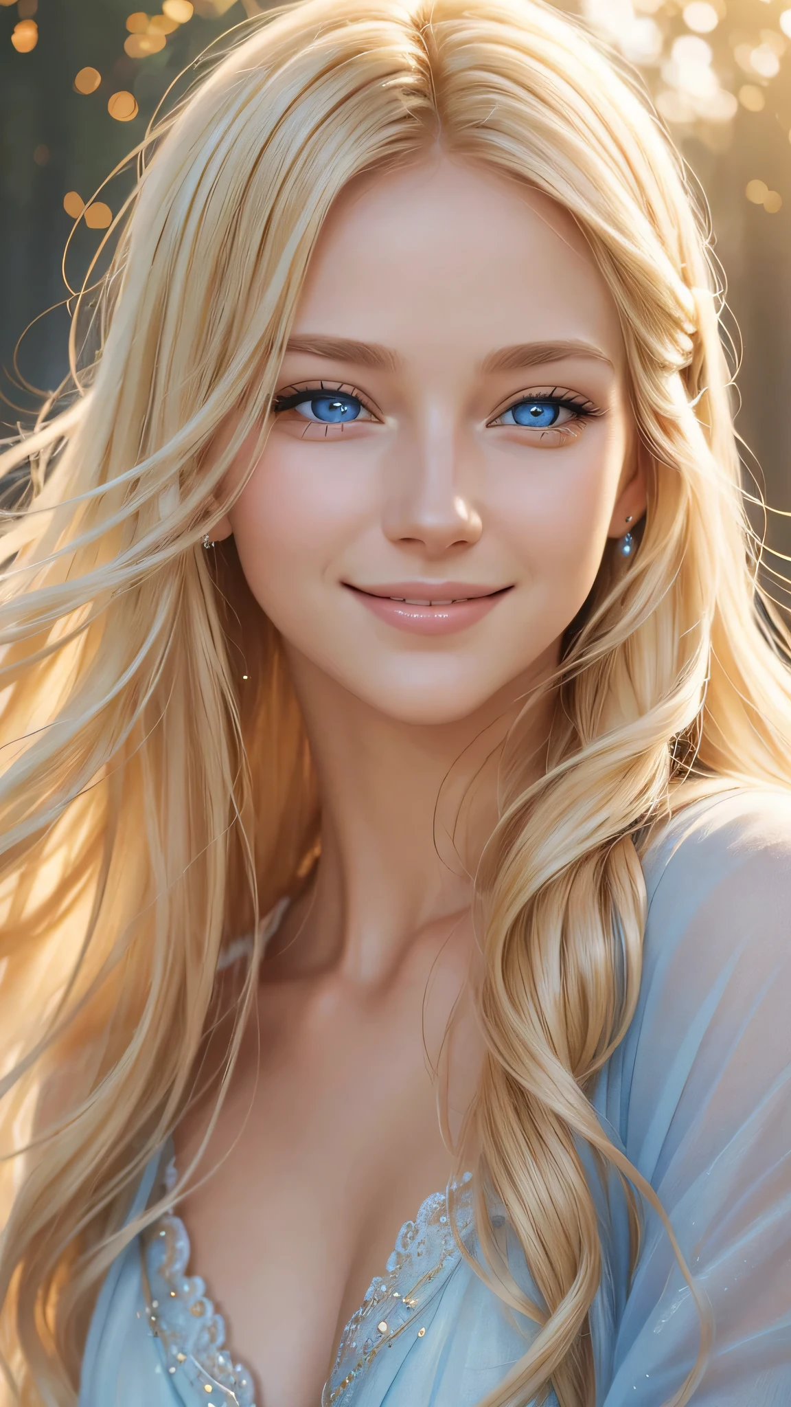 Blonde woman's face, radiant smile, sparkling blue eyes, flowing golden hair, delicate features, joyful expression, natural beauty, close-up portrait, high-resolution digital painting, soft pastel color palette, warm and inviting lighting, ethereal and dreamy atmosphere.
