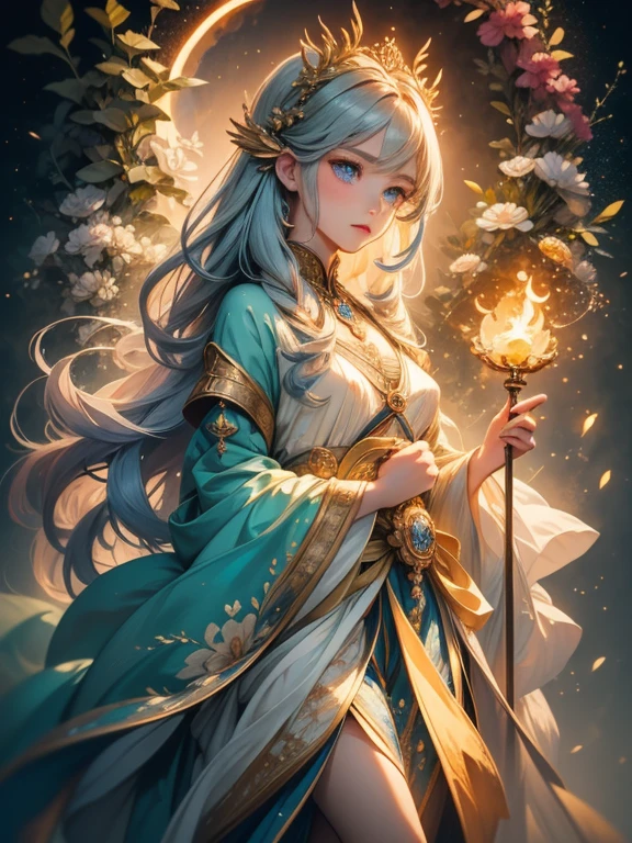 A stunning artwork of a majestic female character standing in an enchanting, mystical landscape. The full-body view showcases her in stylish and unique clothes of gold and purple, exuding an aura of elegance and power. Her long, flowing golden hair frames a face of regal beauty, highlighted by light blue eyes that radiate wisdom and an otherworldly charm. She holds a magic staff, intricately designed and glowing with mystical energy, adding to her majestic presence. The scenery around her is a fantastical forest bathed in twilight, with towering ancient trees and luminescent flora. A serene river flows nearby, reflecting the soft glow of a setting sun. Fireflies and ethereal lights float in the air, enhancing the magical atmosphere of this tranquil setting.