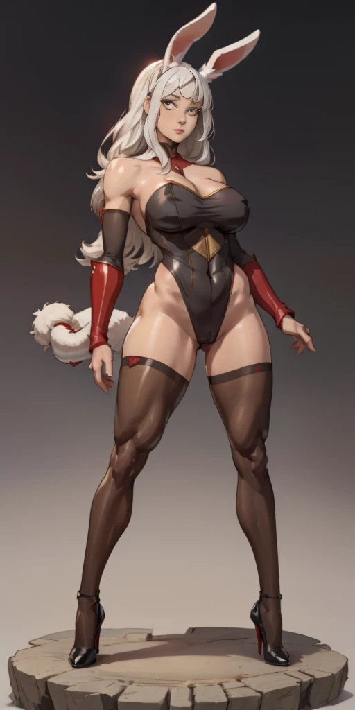 (Masterpiece, plain background:1.2) 1sologirl standing straightforward symmetrical wearing only red high heels 👠 silver white hair 😍 👌 😀 ✨️ ♥️ ❤️pupils eyes symbol, long red fluffy bunny ears, black transparent stockings and sleeves 