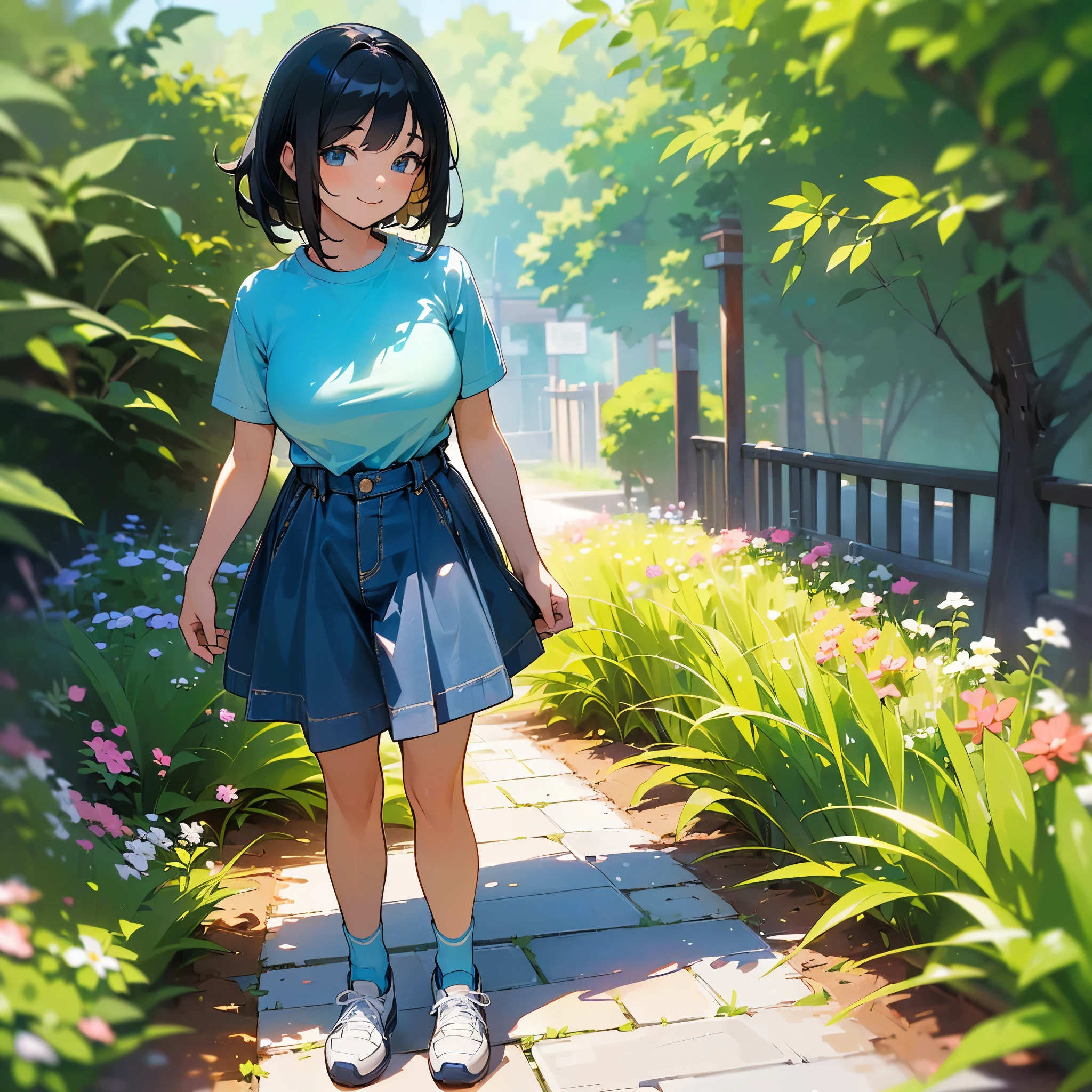 (high quality, High resolution, Very detailed, reality:1.37), Peaceful atmosphere, (Outdoor, garden), Teenage girl standing alone, (my breasts are big.), Beautiful details, Cute Smile, (Black bob hair), Short sleeve shirt, Denim skirt, Blue socks, sneakers.