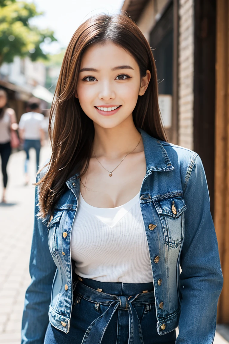 highest quality, masterpiece, Ultra-high resolution, (Realistic:1.4), Beautiful woman, Clear grey V-neck shirt, G-string, Cleavage, ((Denim jacket)), Center of chest, Tight waist, Shiny skin, 魅惑的なsmile, Bokeh, smile, Denim mini skirt, Brown Hair、In front of the old city、((Mr.々A pose))
