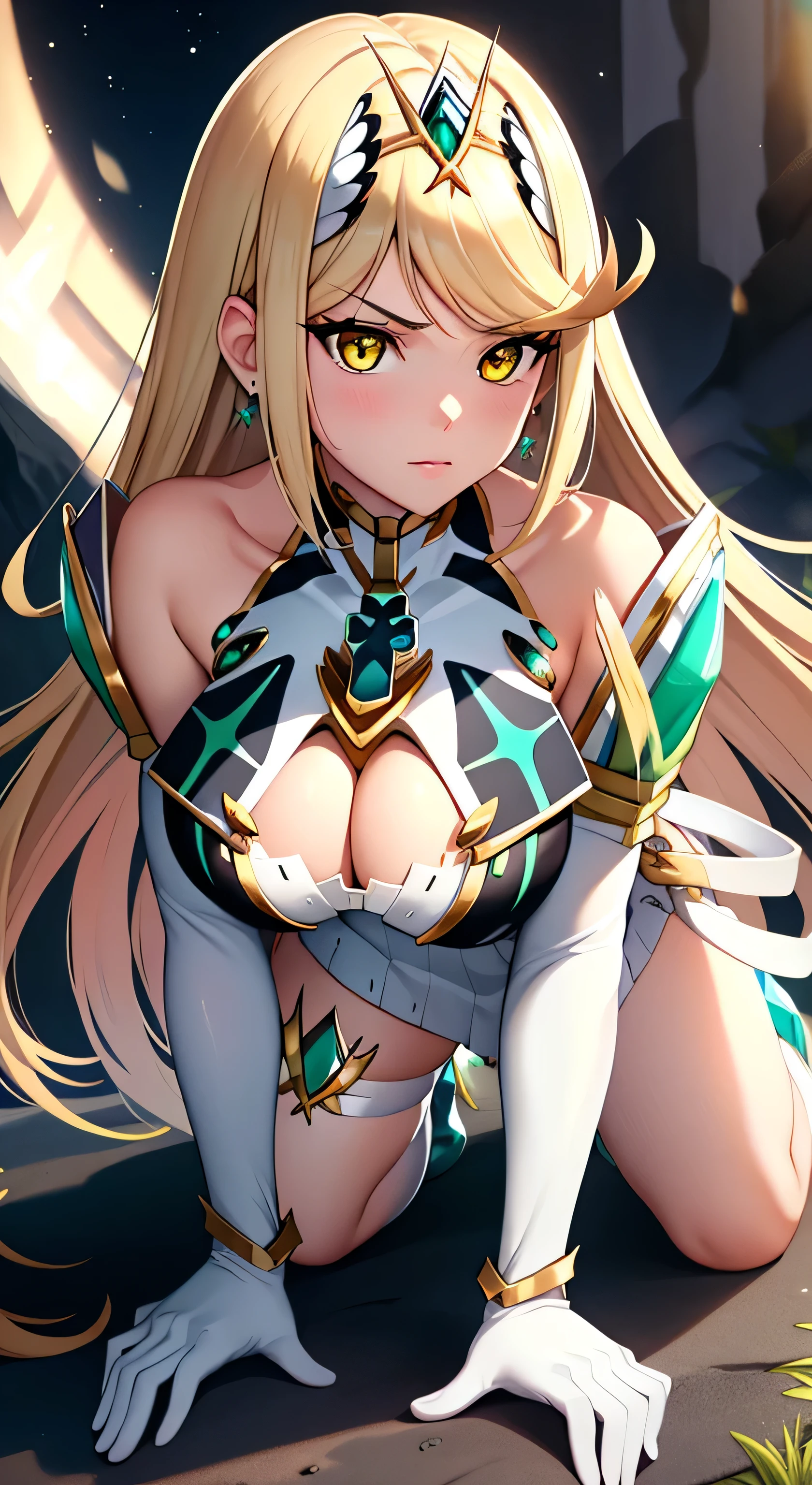 (masterpiece), best quality, (HD), (8k), 4k, HD, FULL HD,(((1milf:1.0))), extremely detailed, HDR, perfect face, yellow eyes, mythradef, tiara, earrings, chest jewel, cleavage cutout, cleavage, white dress, short dress, elbow gloves, white gloves, thigh strap, on all fours