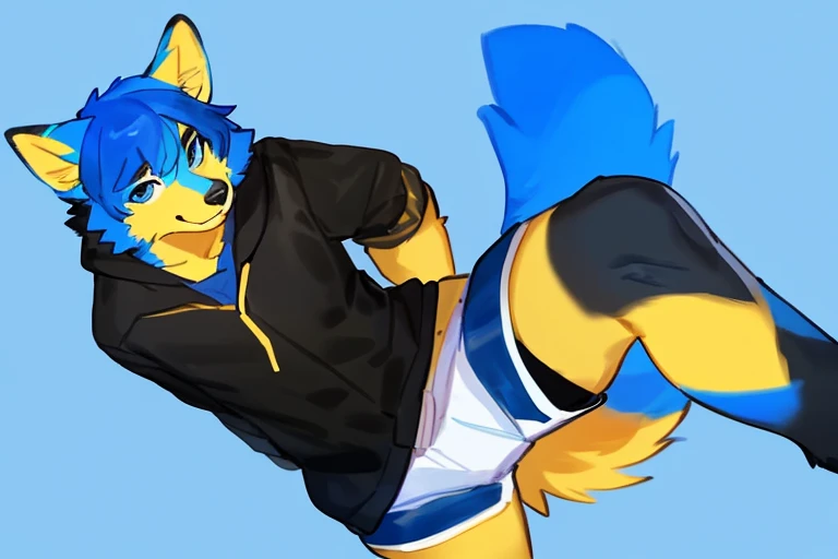 By bebebebebe, by lostgoose, by goonie-san, alone, man, wolf, blue and white fur, blue eyes, black and yellow shirt and jacket, shorts, standing, facing viewer, ((blue hair alborotado with yellow and black, anthro furry)),cabello,pose,