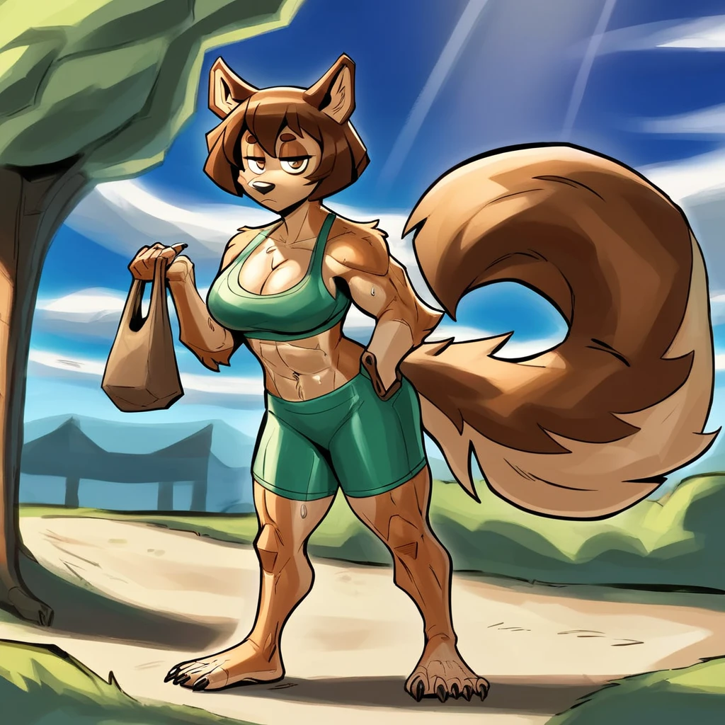 [rory], [ceehaz], [Dog Knight RPG], [Uploaded to e621.net; (ceehaz), (Pixelsketcher), (wamudraws)], ((masterpiece)), ((high res)), ((HD)), ((solo portrait)), ((full body)), ((front view)), ((furry; anthro)), ((detailed fur)), ((detailed shading)), ((beautiful render art)), ((intricate details)), {anthro; (slim figure), (brown fur), black nose, (cute hazel eyes), (half-closed eyes), (short eyelashes), short brown hair, (long fluffy tail), (sharp black claws), (defined muscles), (medium boobs), (curvy hips), (thick muscular thighs), (beautiful legs), (beautiful feet), (humanoid feet), (sweating), (bored expression)}, {(green sports bra), (cleavage), (spandex yoga shorts)}, {(standing), (holding bag), (looking at viewer)}, [background; (park), (grass), (blue sky), (sun rays), (ambient lighting)]