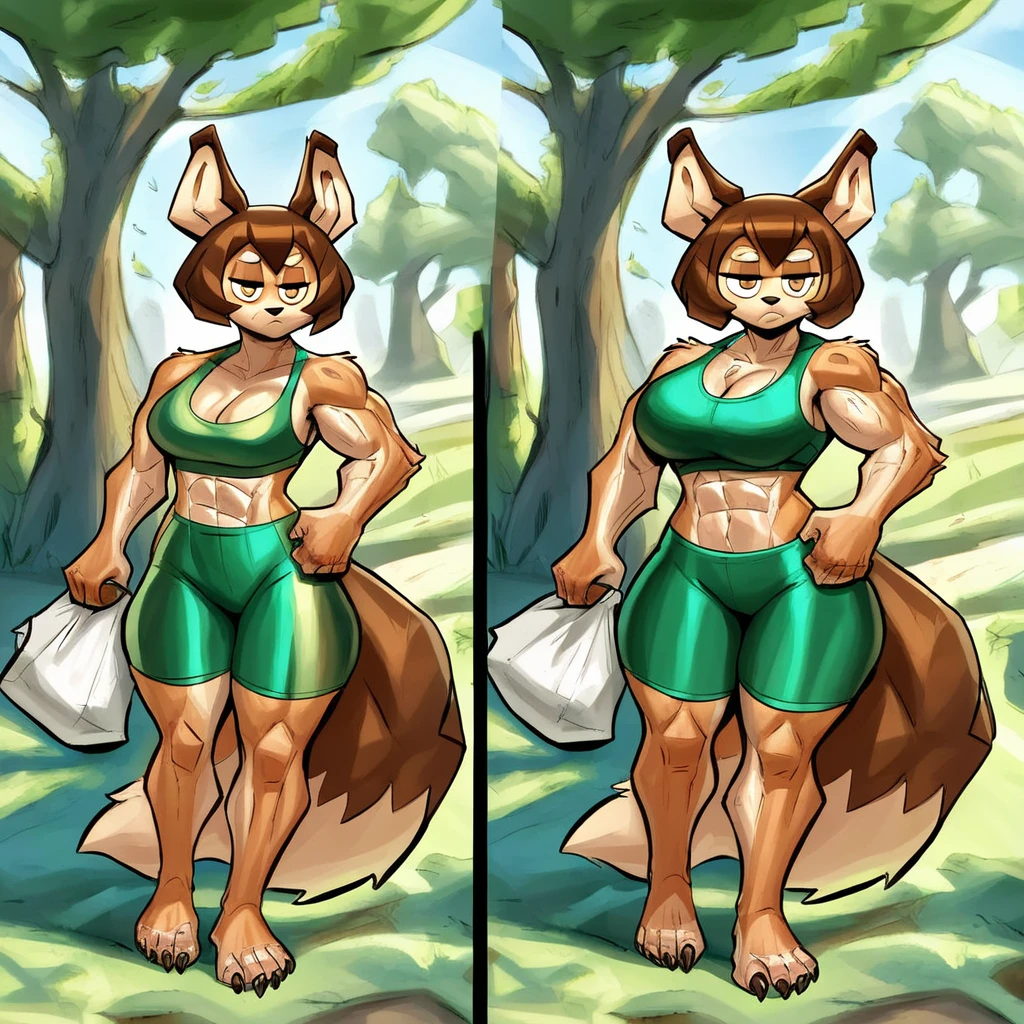 [rory], [ceehaz], [Dog Knight RPG], [Uploaded to e621.net; (ceehaz), (Pixelsketcher), (wamudraws)], ((masterpiece)), ((high res)), ((HD)), ((solo portrait)), ((full body)), ((front view)), ((furry; anthro)), ((detailed fur)), ((detailed shading)), ((beautiful render art)), ((intricate details)), {anthro; (slim figure), (brown fur), black nose, (cute hazel eyes), (half-closed eyes), (short eyelashes), short brown hair, (long fluffy tail), (sharp black claws), (defined muscles), (medium boobs), (curvy hips), (thick muscular thighs), (beautiful legs), (beautiful feet), (humanoid feet), (sweating), (bored expression)}, {(green sports bra), (cleavage), (spandex yoga shorts)}, {(standing), (holding bag), (looking at viewer)}, [background; (park), (grass), (blue sky), (sun rays), (ambient lighting)]
